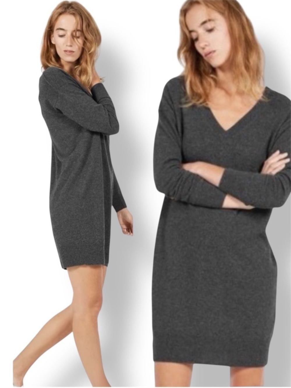 Everlane 100% Cashmere Midi V-Neck Sweater Dress In Charcoal Gray - Size Large